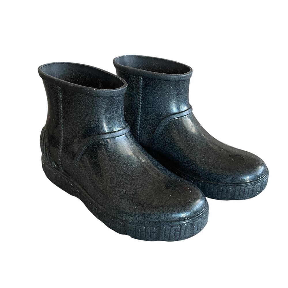 UGG Drizlita Girls Size 5 Black Glitter Logo Pull-On Cozy Waterproof Rain Boots